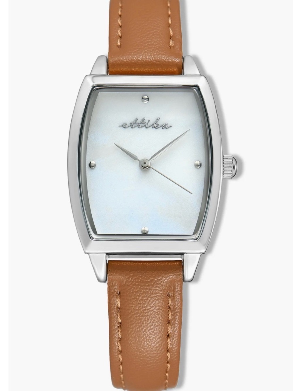 Ettika Timeless Texture Silver Case Watch with Cognac Leather Strap